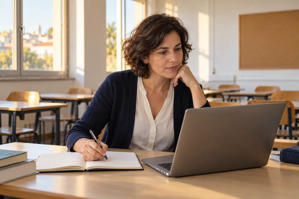 Professora a consultar o portátil e a tomar notas numa sala de aula vazia.